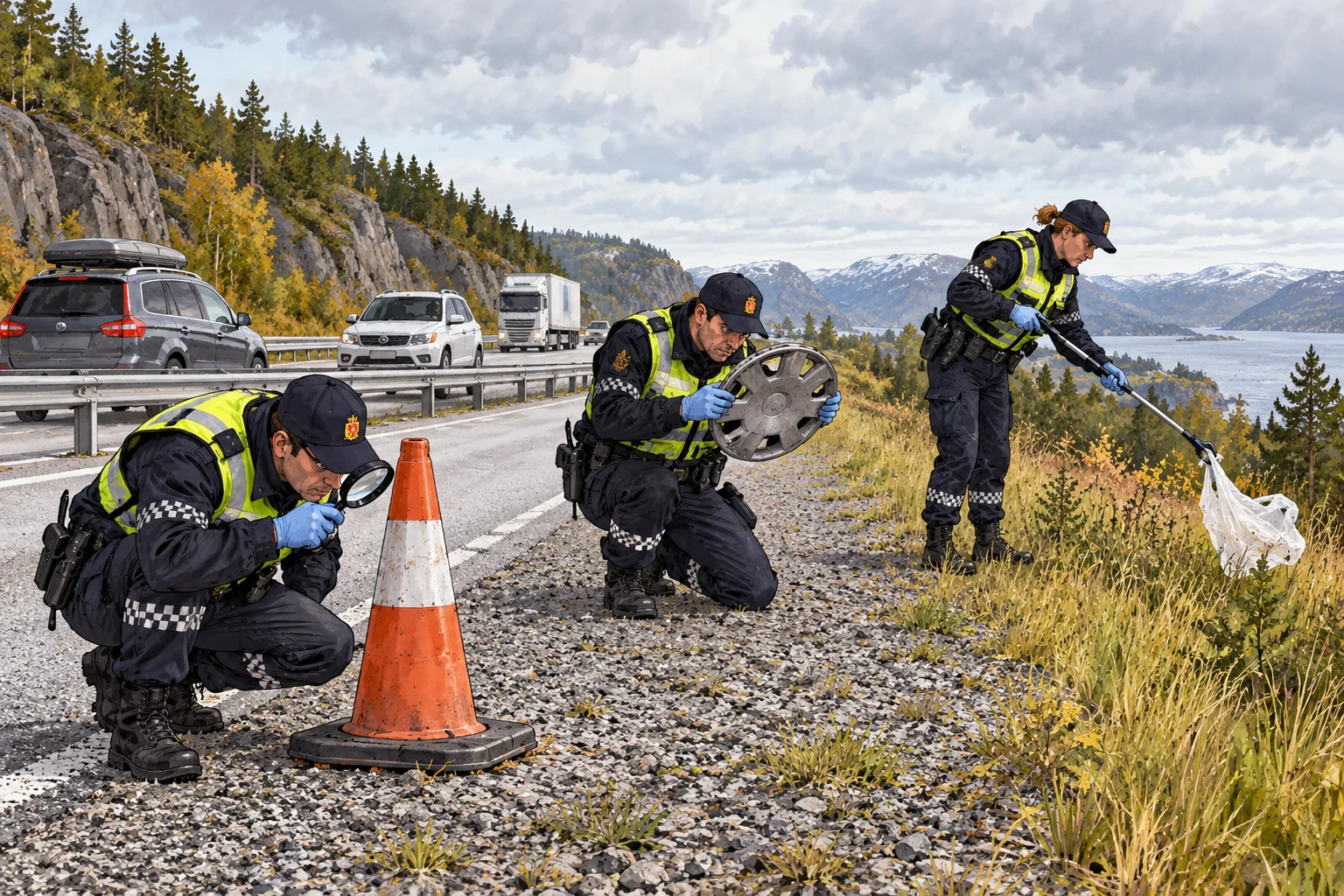 Satirisk avisillustrasjon av en politipatrulje som leter etter en ukjent gjenstand langs en motorvei.