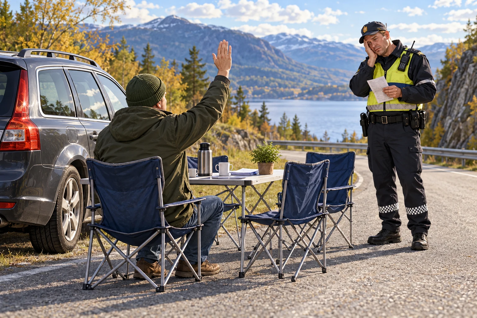 Satirisk illustrasjon av en voksen bilist som holder avstemning ved et campingbord mens en betjent venter med forelegget.