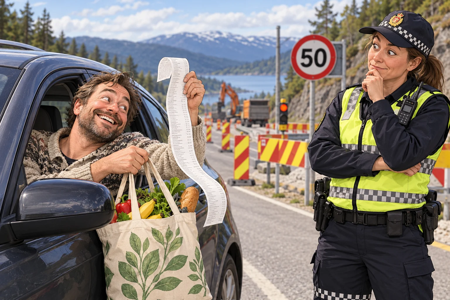 Tegnet voksen tilbudsjeger med en lang butikkvittering ved trafikkontroll og et skilt med fartsgrense 50.
