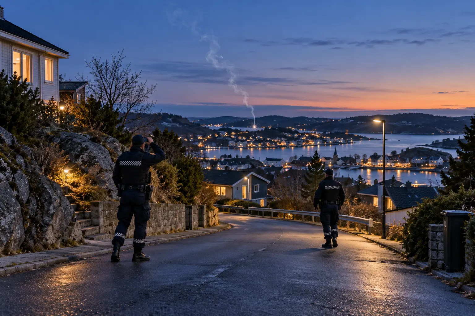 Avisillustrasjon av to politibetjenter som leter etter kilden til et fjernt smell i et stille boligområde ved skumring.