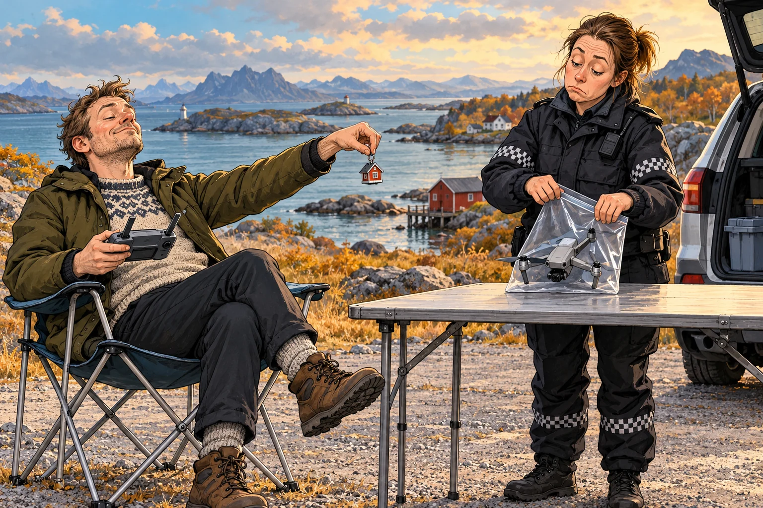 Tegnet voksen dronepilot trykker på fjernkontrollen mens en betjent legger en avslått drone i en pose.