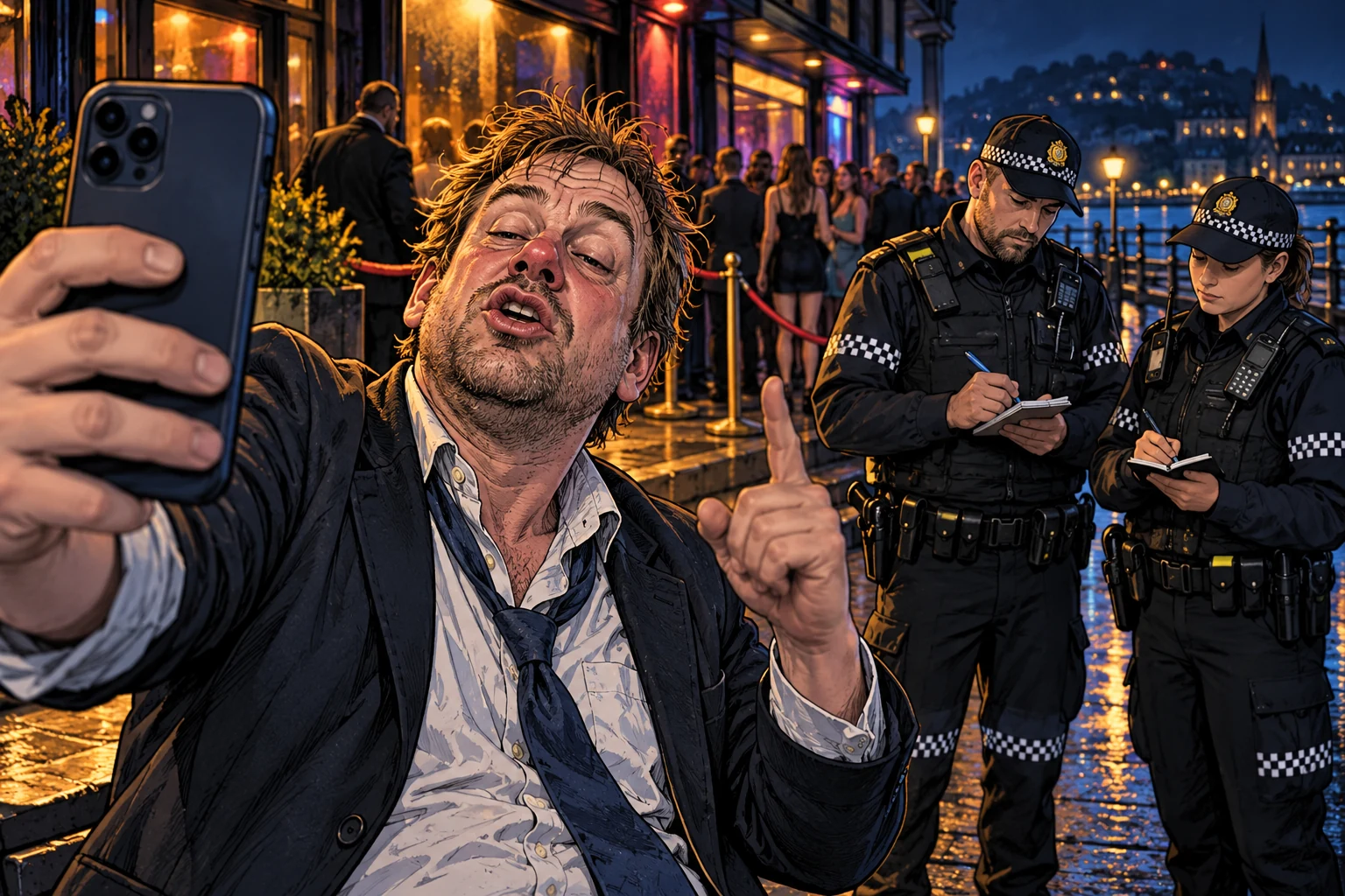 Satirisk tegneserieillustrasjon av en mann som filmer sitt eget ansikt utenfor et utested mens politiet tar notater.
