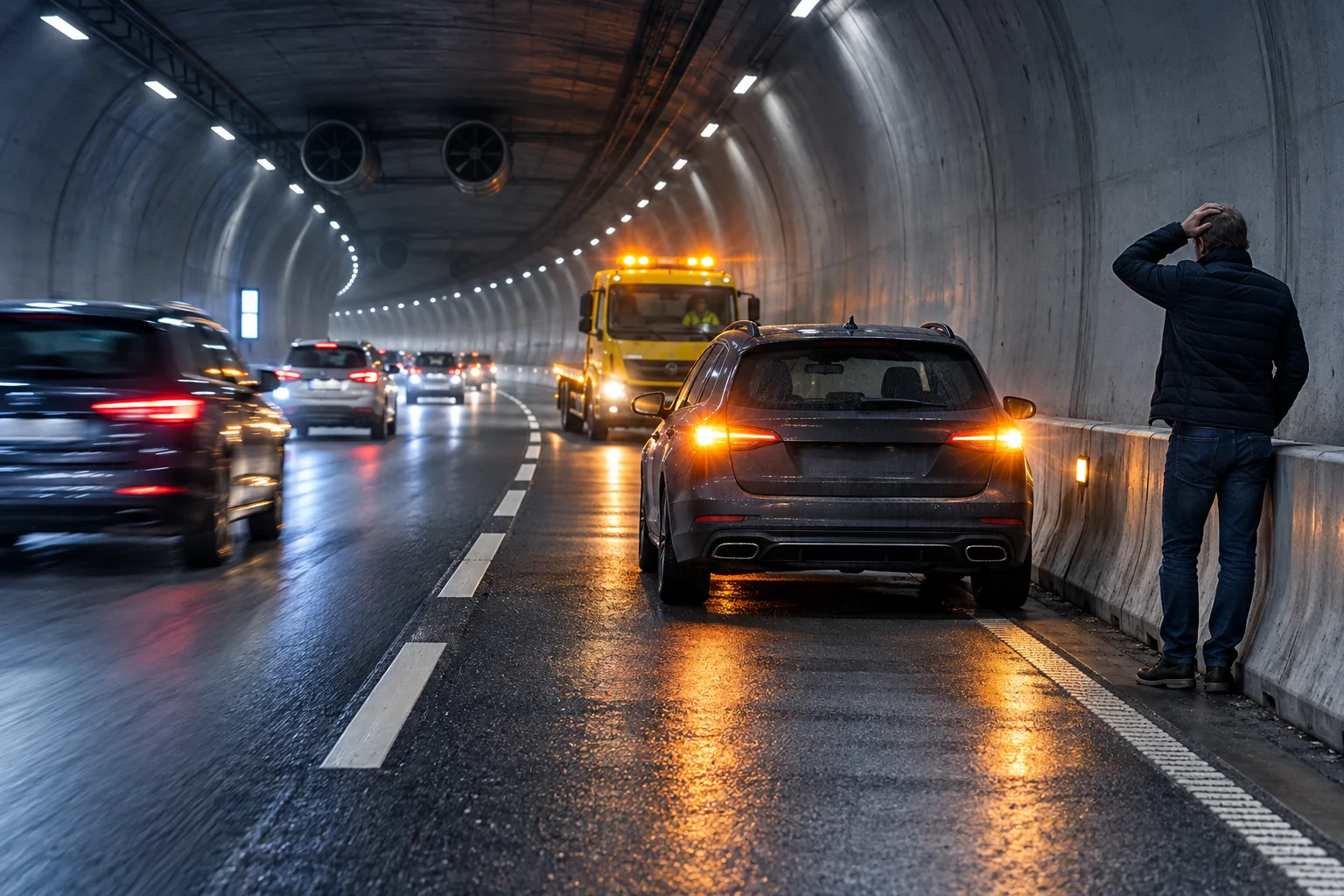 Avisillustrasjon av en bil med stans i høyre kjørefelt i en tunnel, trafikk som passerer til venstre og en bilberger på vei.