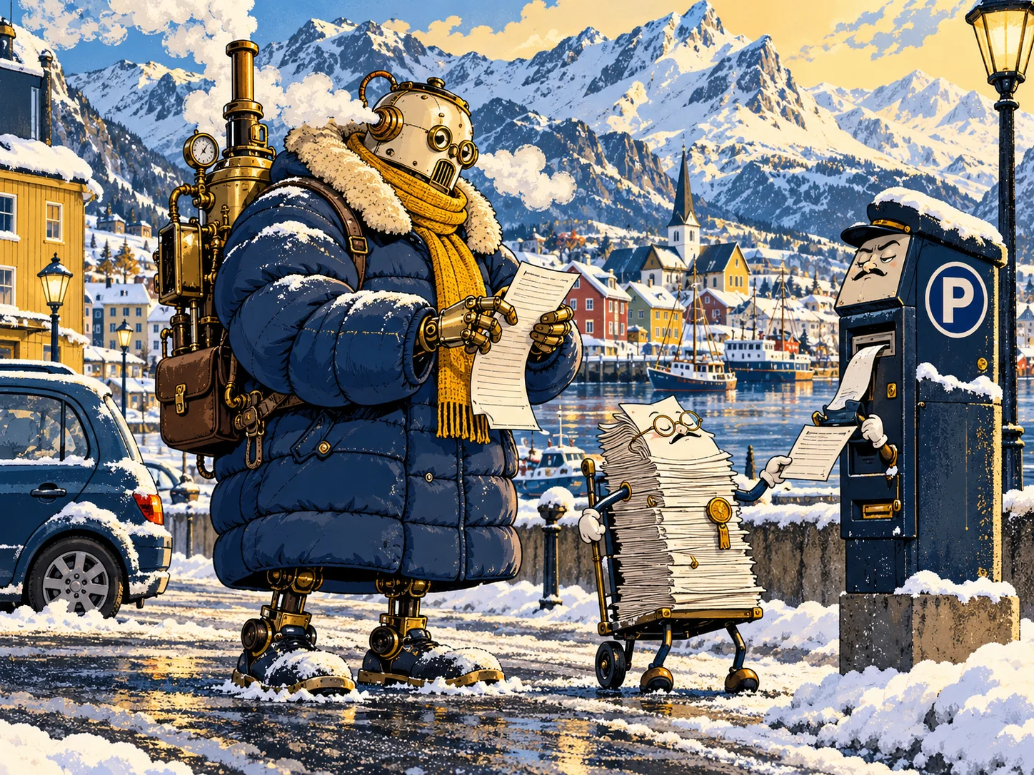 Satirisk tegneserieillustrasjon av Narvik-fortellingens absurde situasjon.