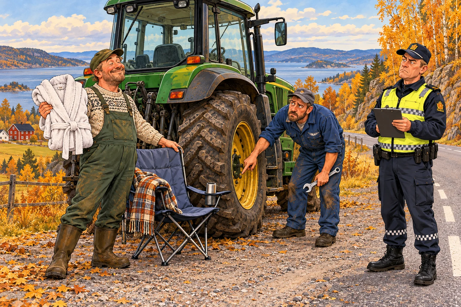 Tegnet traktorfører viser fram en morgenkåpe ved en parkert traktor mens en mekaniker undersøker et hjul og en betjent ser på.