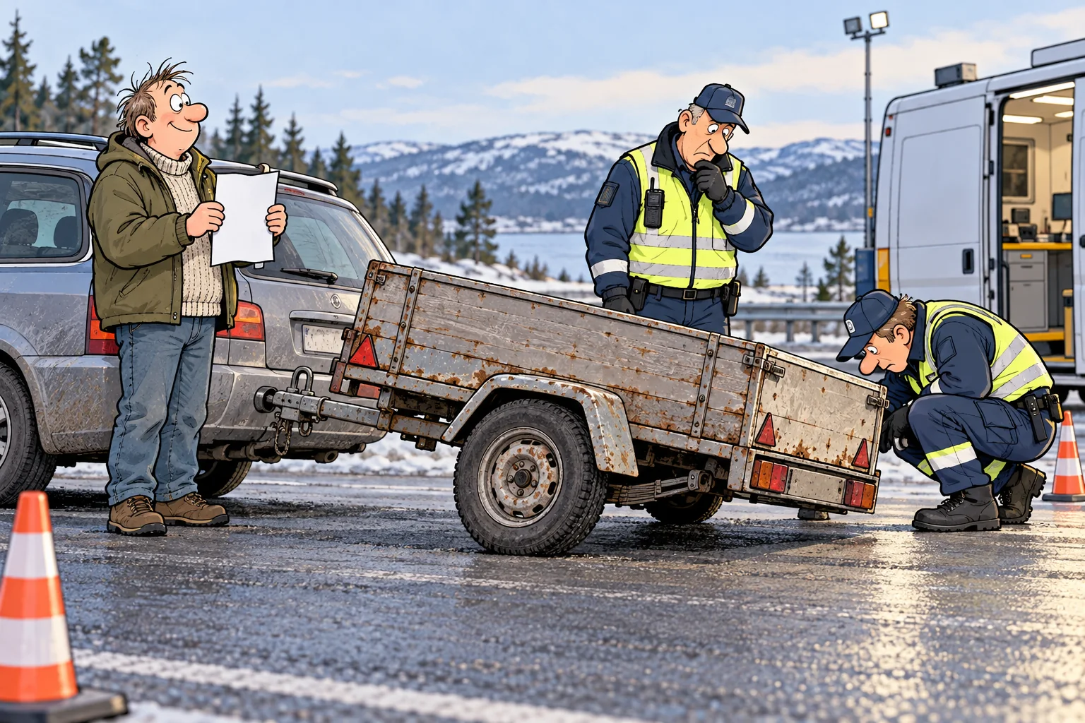 Satirisk avisillustrasjon av en skjev, rusten tilhenger som undersøkes av kontrollpersonell mens føreren holder fram et ark.