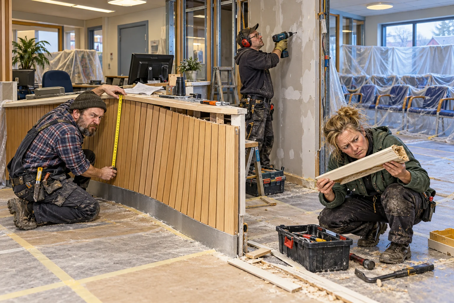 Satirisk avisillustrasjon av håndverkere som pusser opp et midlertidig stengt offentlig publikumsmottak.