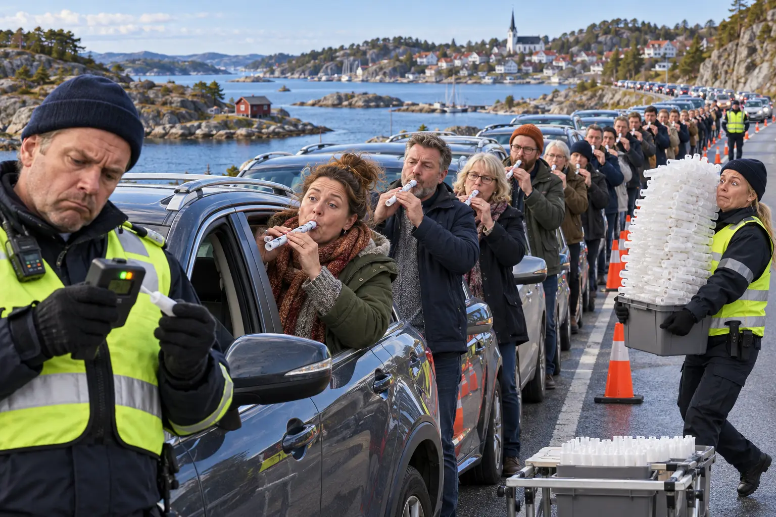 Avisillustrasjon av en lang rekke voksne førere som blåser i alkometre ved en norsk veikontroll.