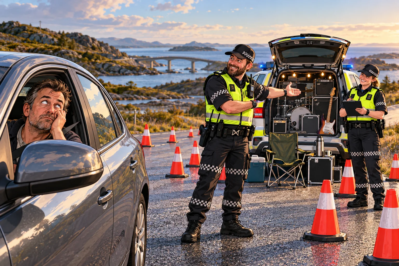 Satirisk illustrasjon av en trafikkpatrulje som presenterer kontrollplassen som en comeback-turné.