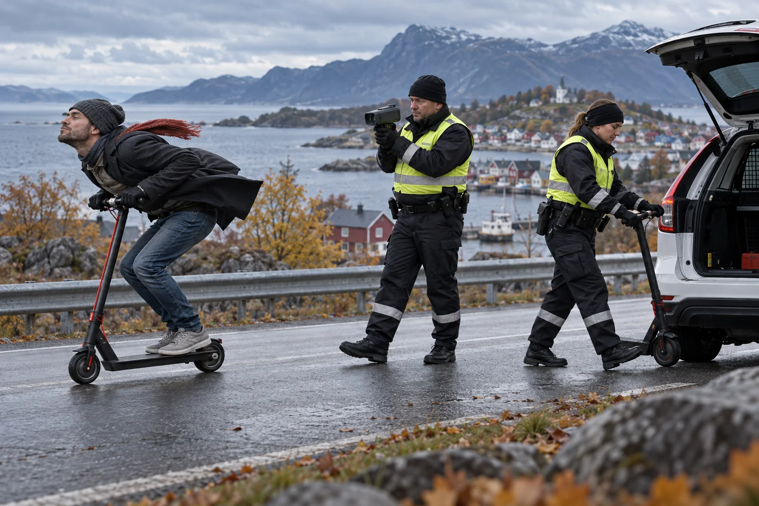 Avisillustrasjon av en voksen på elsparkesykkel som blir målt av trafikkpoliti, mens en annen betjent triller en sparkesykkel mot en bil.