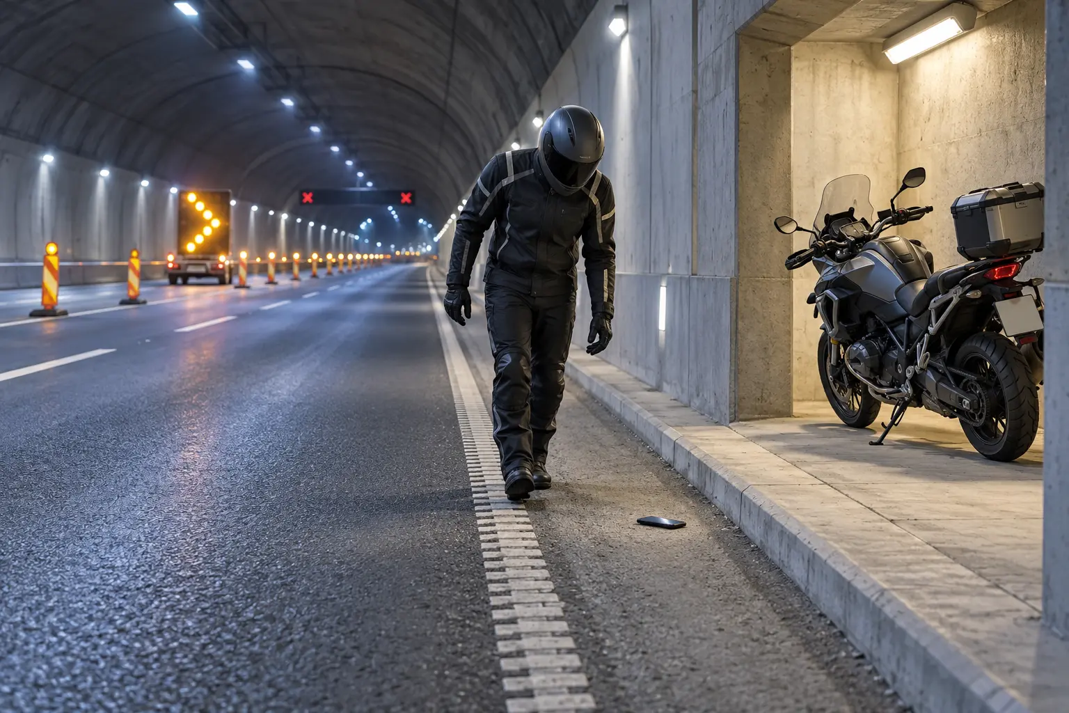 Avisillustrasjon av en motorsyklist som leter etter en mistet telefon langs kanten av en opplyst veitunnel.