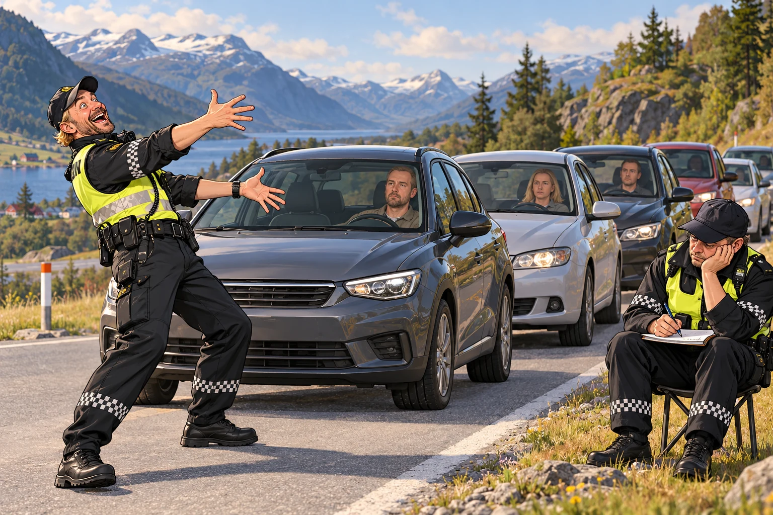 Satirisk illustrasjon av en overivrig betjent foran uttrykksløse voksne bilister under en trafikkontroll.