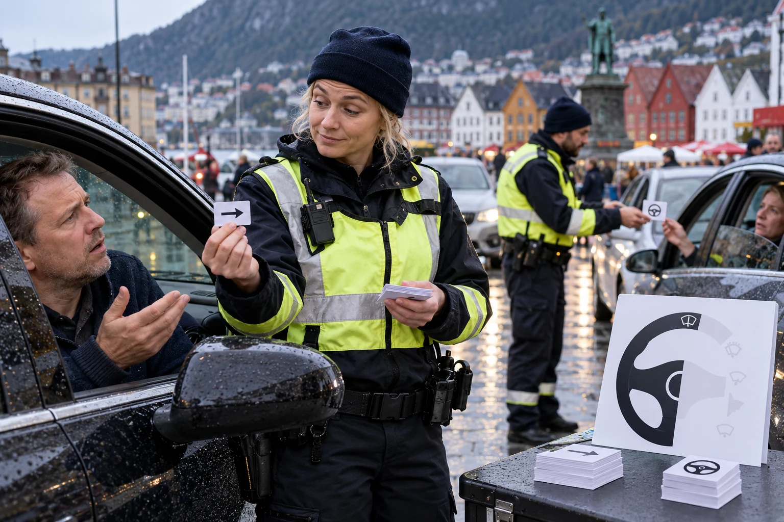 Avisillustrasjon av en trafikkontroll i Bergen der betjenter deler ut minimalistiske kort til forvirrede bilister.