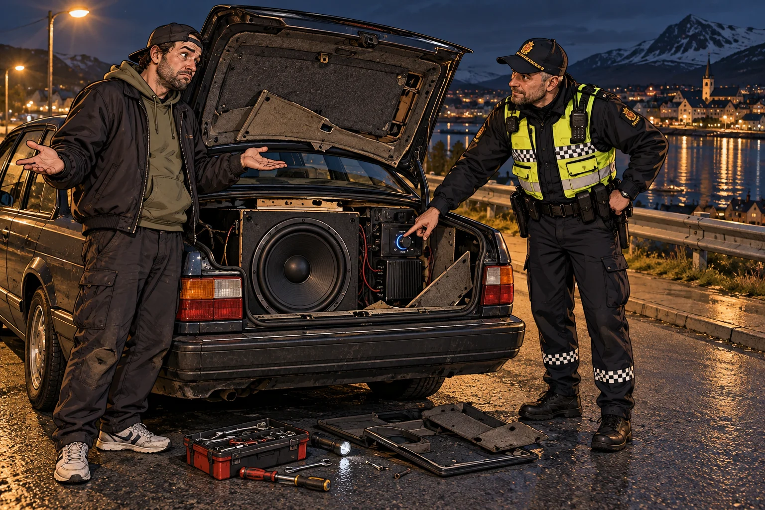 Tegnet voksen bilist og betjent ved en parkert bil med stor basshøyttaler og løse interiørdeler.