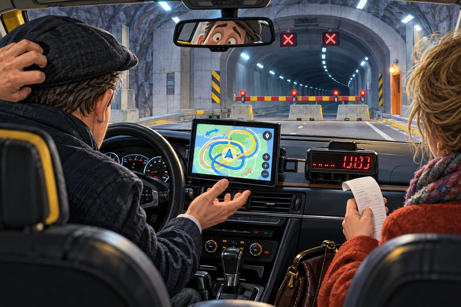Satirisk avisillustrasjon av en forvirret taxisjåfør og passasjer foran en stengt tunnel med en kaotisk GPS-skjerm.