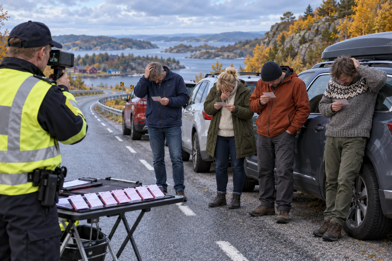 Avisillustrasjon av en fartskontroll der fire voksne førere står ved bilene sine med forelegg.