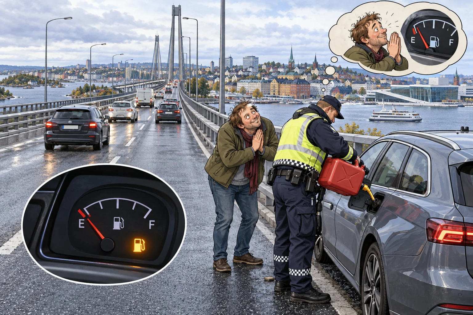 Satirisk avisillustrasjon av en bil som får påfylt drivstoff etter å ha stanset på en stor bybro.