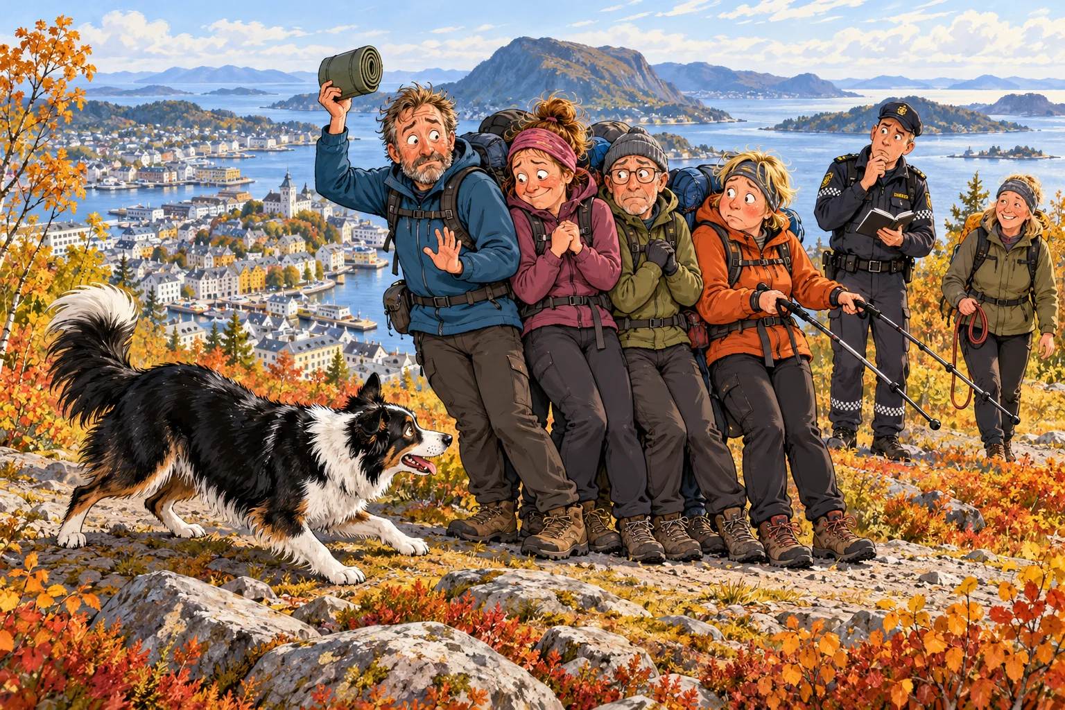 Tegnet bordercollie samler fire voksne turgåere på et utsiktspunkt mens eieren kommer med et hundebånd.