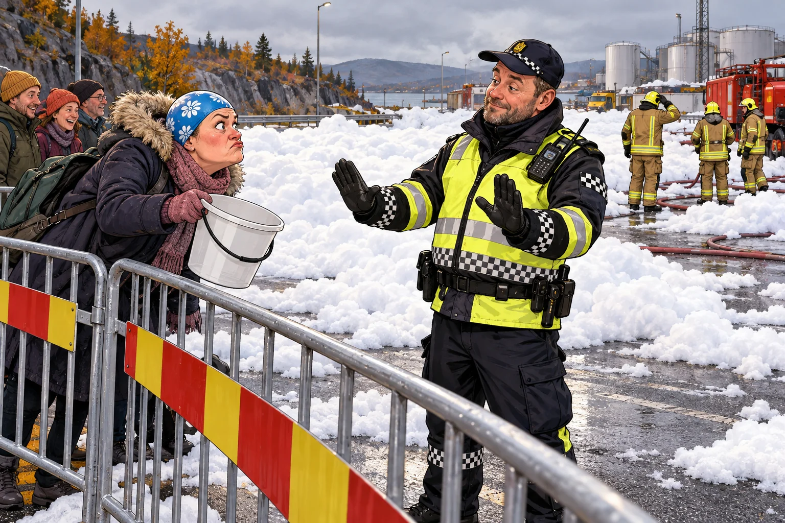 Tegnet pendler med badehette og bøtte bak en sperring ved en skumdekket vei og en betjent.